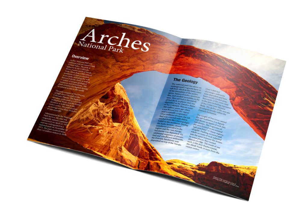 Mockup of inner spread of Arches National Park magazine