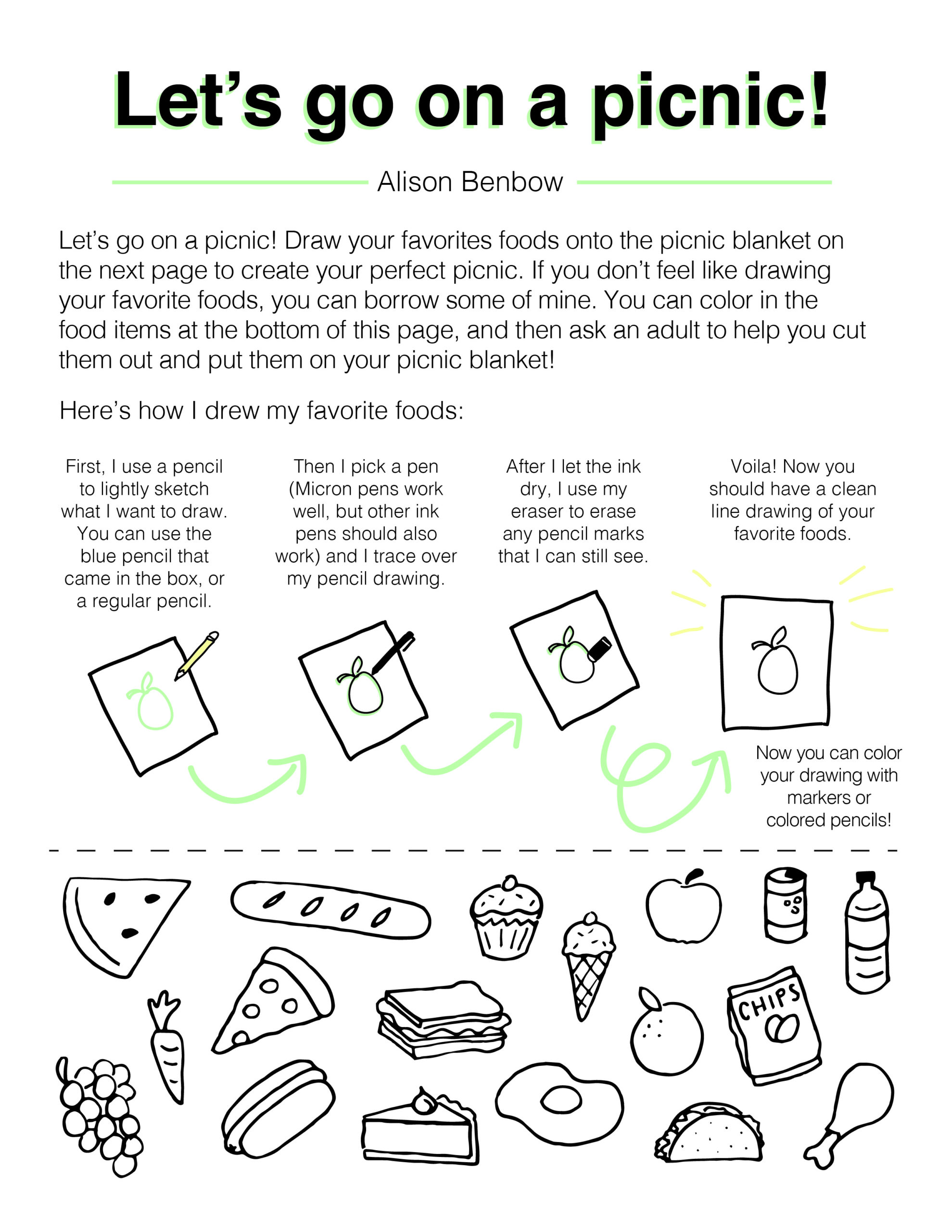 Image of the front page with text reading "let's go on a picnic" and line drawings of food