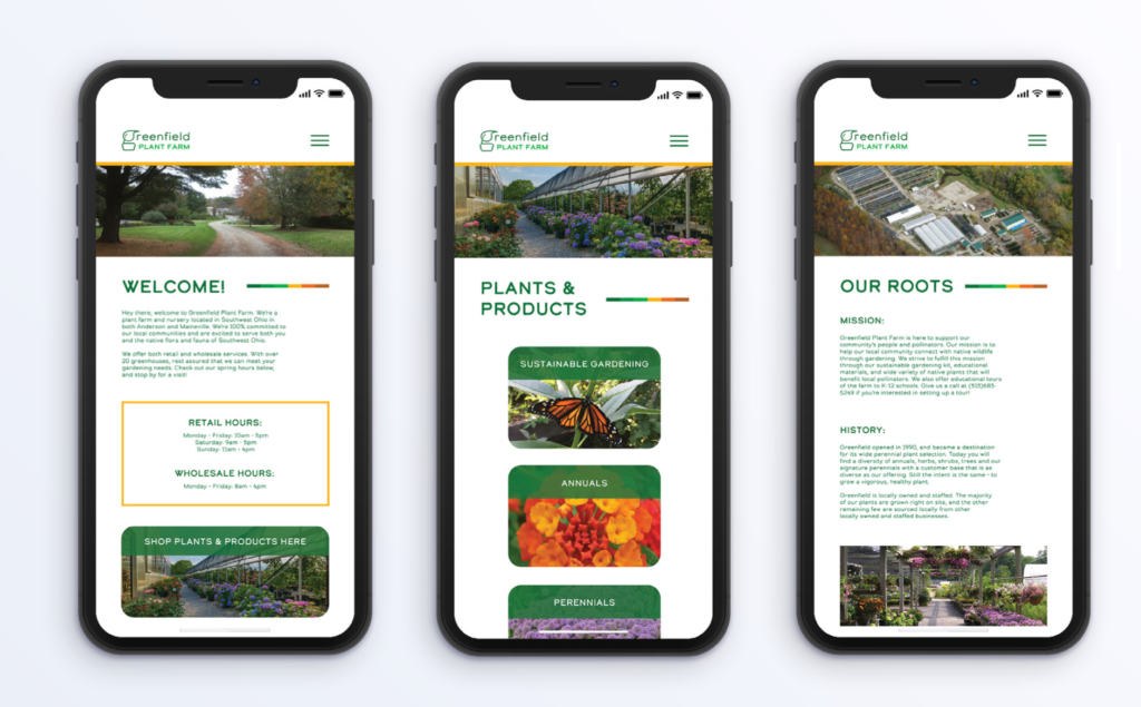 mockup of the mobile version of the greenfield plant farm website