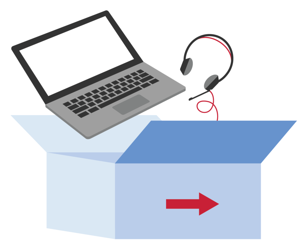 digital illustration of a laptop and pair of headphones falling into a box with an arrow on the side