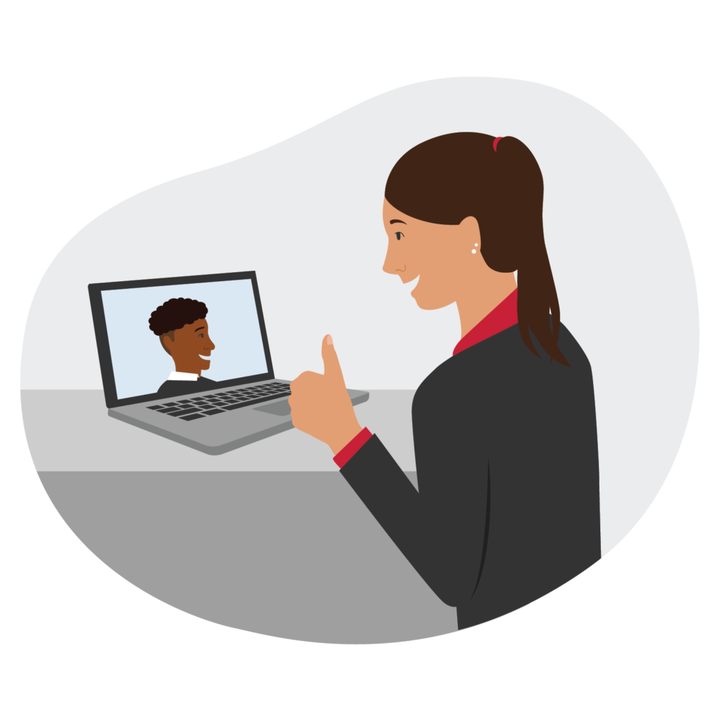 digital illustration of a girl giving a person on a computer screen a thumbs up