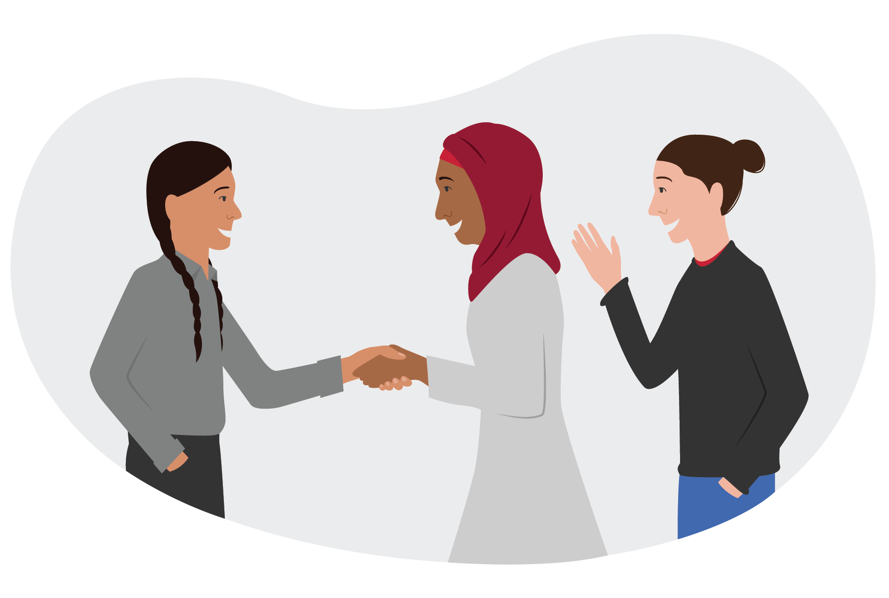 digital illustration of two people shaking hands while a third stands behind one, waving
