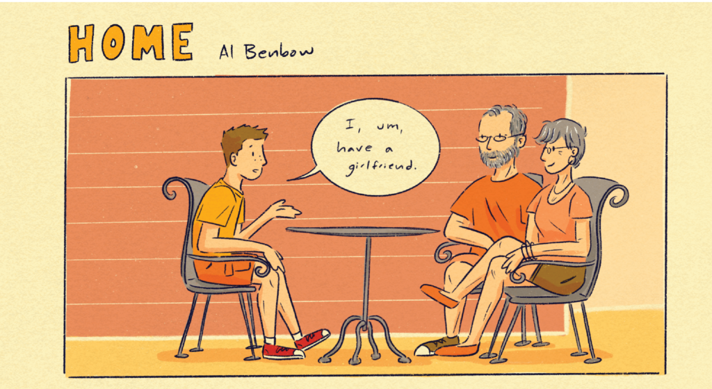 The full first panel of Home, with words "Home, Alison Benbow" above the panel. In the panel, a young person says, "I, um, have a girlfriend" while sitting across a small table from their grandparents.