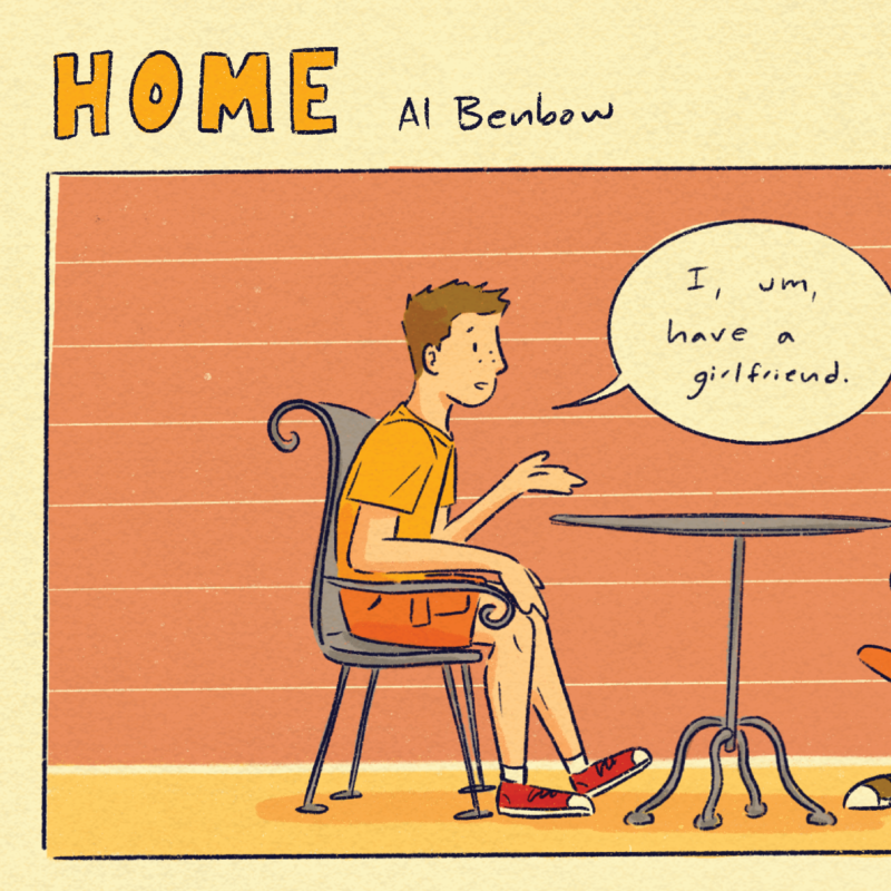 Square image of part of a comic panel depicting the words "Home, Alison Benbow" and a person saying, "I, um, have a girlfriend."