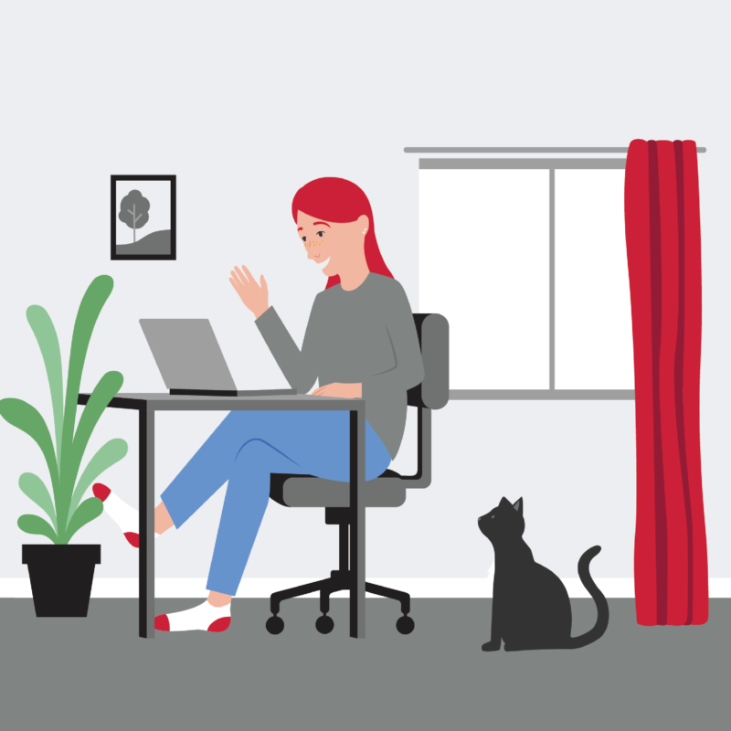 digital illustration of a person with red hair sitting at a desk, waving at a laptop