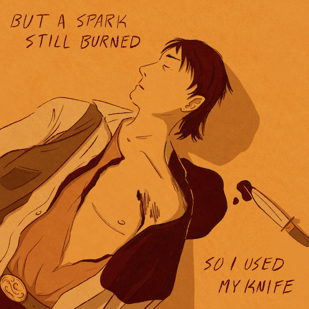 Fifth panel of Ringo. Aerial mid-shot of Ringo, who is now lying on his back. His shirt is cut open to reveal a bleeding wound on his chest and healed top surgery scars. A pool of blood can be seen beneath his shoulder, next to which is a bloodied knife. Text reads, “But a spark still burned / so I used my knife.”