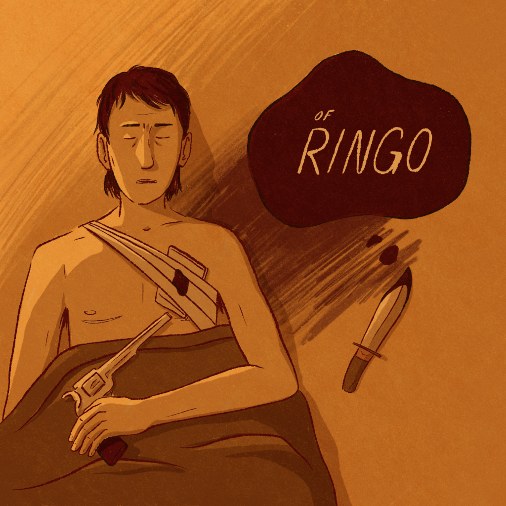 Sixth panel of Ringo. Silhouette of the speaker tending to Ringo next to a lit campfire against a night sky. Text above the image reads, “And late that night I saved the life”