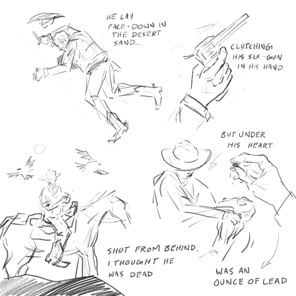 Sketches for Ringo depicting line drawings of the various scenes in previous panels.