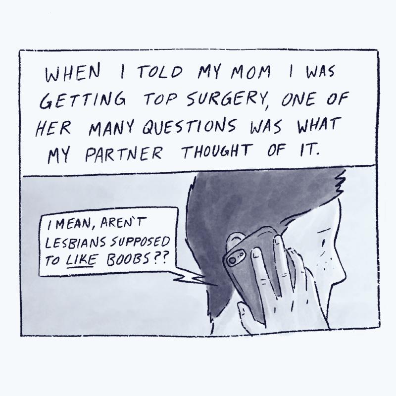 First panel of "A Dyke Like Me." Text in the first panel reads, "When I told my mom I was getting top surgery, one of her many questions was what my partner thought of it." Image shows me on the phone, with a speech bubble coming from the phone that says, “I mean, aren’t lesbians supposed to LIKE boobs??”