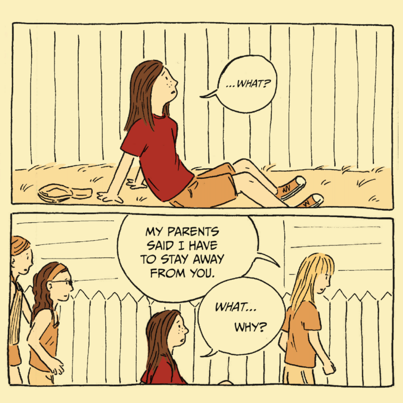 2 panel excerpt from The Glass Closet. Panel 1: Al is sitting on the ground, looking up. They say, "...What?" Panel 2: Another girl standing over Al says, "My parents said I have to stay away from you." Al replies, "What... why?"