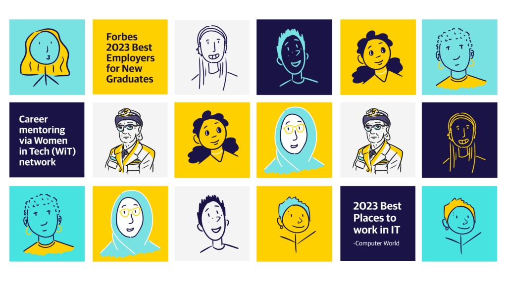 A grid of dark blue, light blue, yellow, and white squares. Each square contains a different doodle illustration of a person. Two contain illustrations of Grace Hopper, and two contain the words, "Career mentoring via Women in Tech (WiT) network," and "2023 Best Places to work in IT -Computer World."