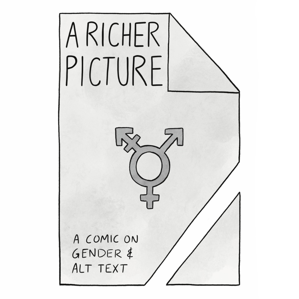 A Richer Picture Title page: drawing of a “broken image” icon (a rectangle with the upper right corner folded down, and a slash through the bottom right corner). Inside the icon is a gender symbol (a combination of the Venus, and Mars symbols) and the text: “A Richer Picture: A comic on gender and alt text.”