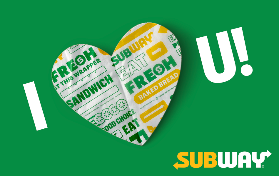 Green gift card with the subway logo and "I [heart] U!" on it. The heart is made of a subway sandwich wrapper.