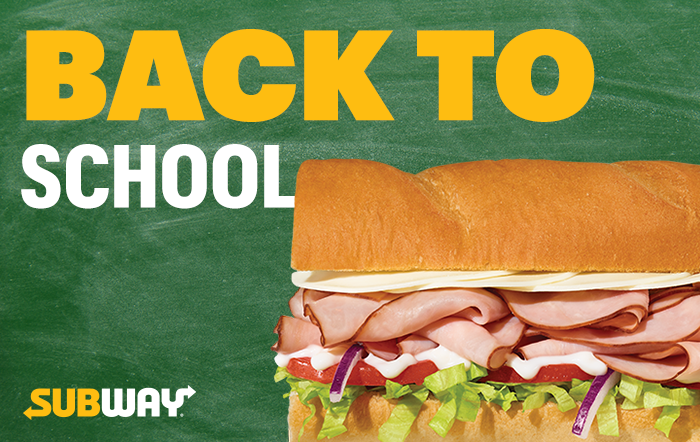 Gift card with a green chalkboard background. On it is the subway logo, and a photo of a six-inch sub.