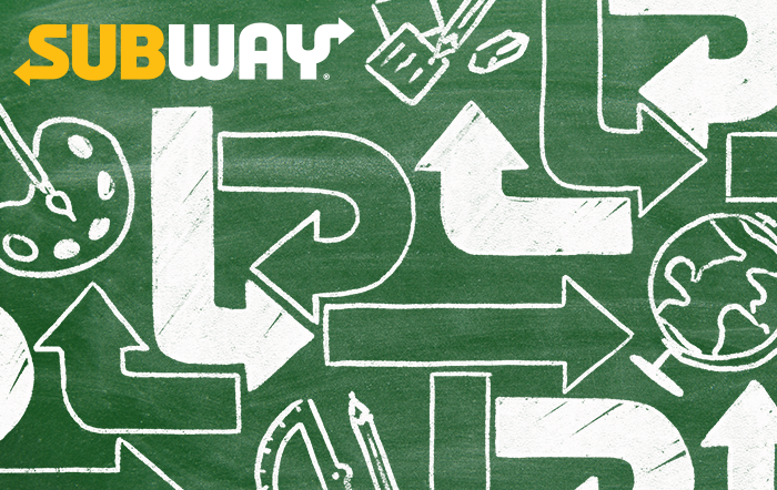 Gift card with a green chalkboard background. On it is the subway logo, and a pattern of subway arrows intermixed with school supplies drawn in chalk.
