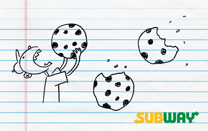 Gift card with a notebook sheet background. On it is the subway logo and a doodle of a kid in a baseball cap and t-shirt eating a cookie the size of their head. Other cookies with bites taken out of them are drawn nearby.