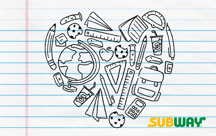 Gift card with a notebook sheet background. On it is the subway logo and a drawing of a heart made out of a collage of various school supplies, subway cups, and chocolate chip cookies.