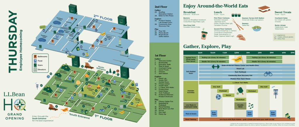 Unfolded / flat map and brochure for Thursday. On the left side is an isometric map of the building, with a key that points to many different activities. On the right is the headline, "Enjoy around the world eats." Below is a breakdown of different meal locations and snack stations. Further below is a schedule for activities titled, "Gather, Explore, Play."