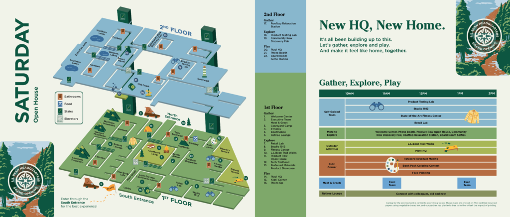 Unfolded / flat map and brochure for Saturday. On the left side is an isometric map of the building, with a key that points to many different activities. On the right is the headline, "New HQ, New Home." Below is a schedule for activities titled, "Gather, Explore, Play."
