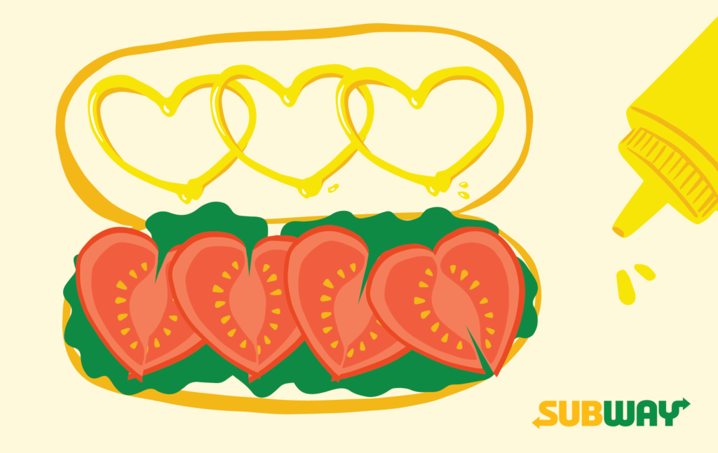 Creme gift card with the subway logo and an illustration of an open sub. On the bottom of the sub is lettuce and tomatoes cut into the shape of hearts. On the top half of the sub are hearts drawn out of mustard. The mustard bottle is to the right of the sandwich.