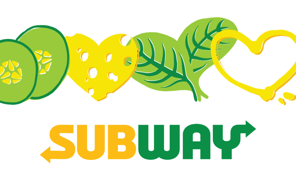 White gift card with the subway logo and illustrations of different sandwich ingredients (cucumbers, cheese, spinach, and mustard) arranged in the shape of hearts. The illustration has an offset print effect.