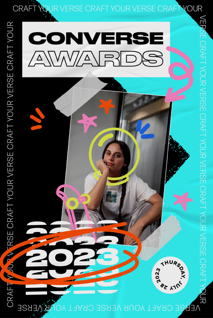 Poster for the 2023 converse awards featuring a photo of a person with tan skin and long, dark braided hair. An astronaut helmet and skateboard has been doodled over top to the photo in bright pink and green.