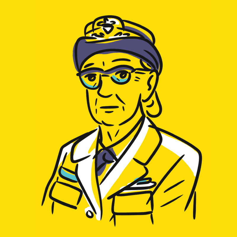 Stylized drawing of Grace Hopper on a yellow background.
