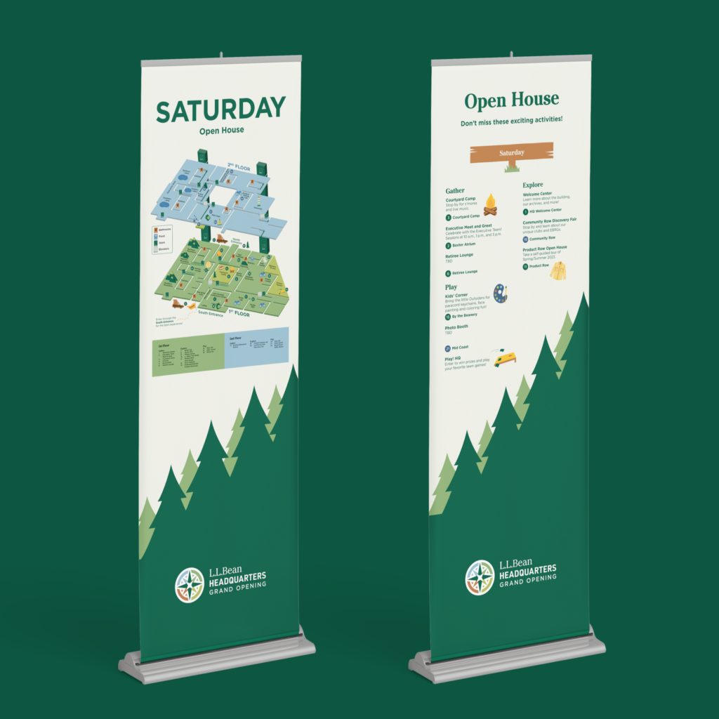 Mockup of 2 vertical banners on a dark green background. One banner headline reads "open house / saturday," and contains a list of activities below. The other banner depicts an isometric map of the building, with a key that points to many different activities.