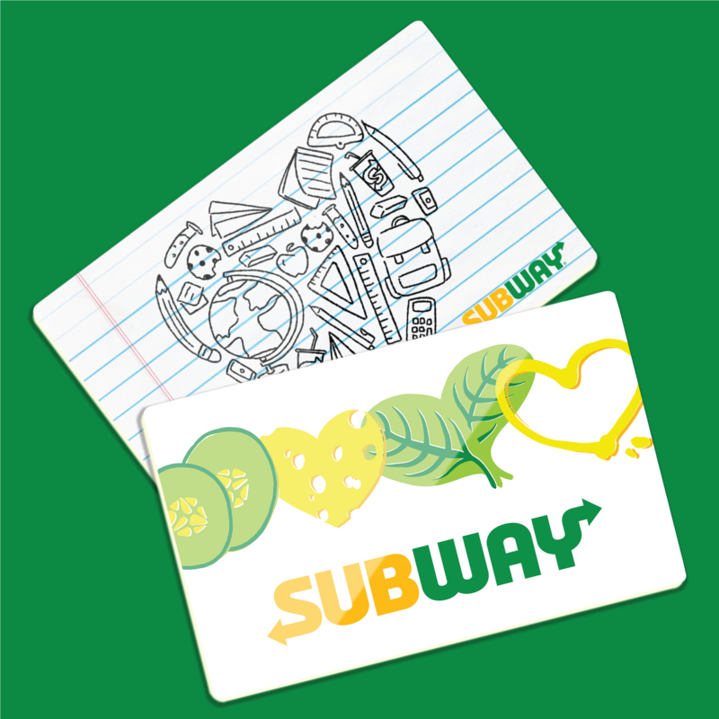 Mockup of two subway gift cards on a subway green background.