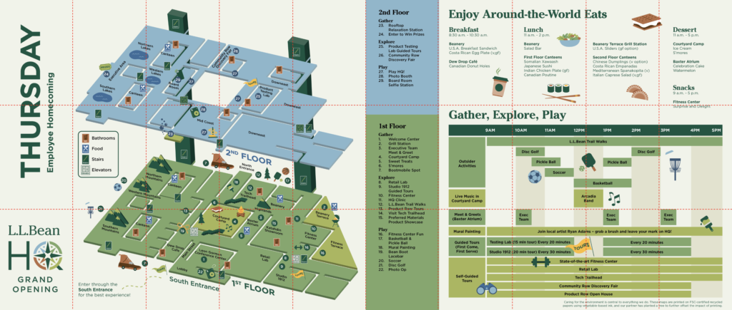 Unfolded / flat map and brochure for Thursday. A grid of red dotted lines lays over the top of the map, showing where the crease lines of the physical map would fall. On the left side is an isometric map of the building, with a key that points to many different activities. On the right is the headline, "Enjoy around the world eats." Below is a breakdown of different meal locations and snack stations. Further below is a schedule for activities titled, "Gather, Explore, Play."