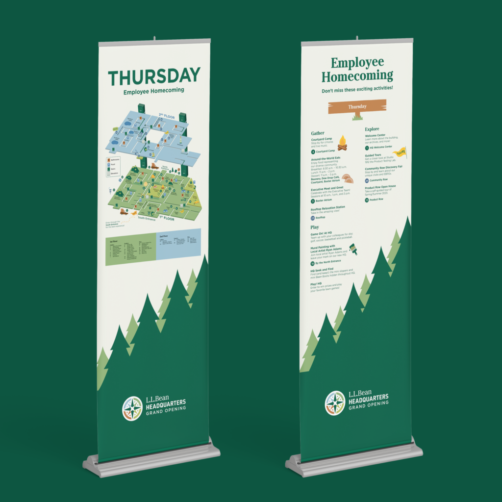 Mockup of 2 vertical banners on a dark green background. One banner headline reads "employee homecoming / thursday," and contains a list of activities below. The other banner depicts an isometric map of the building, with a key that points to many different activities.