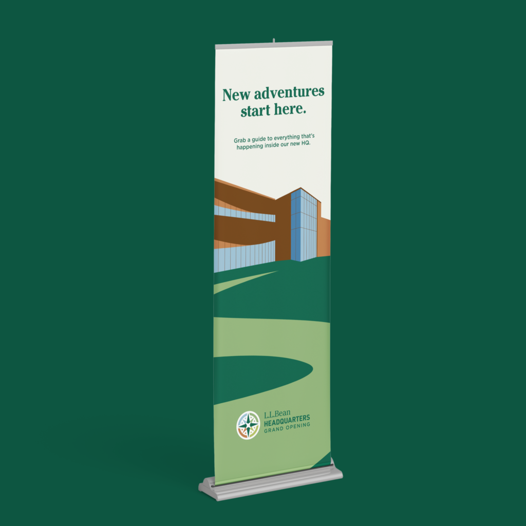 Mockup of a vertical banners on a dark green background. The banner headline reads "new adventures start here." A subhead reads, "Grab a guide to everything that's happening inside our new HQ." Below is a vector illustration of the exterior of LLBean's new HQ building.