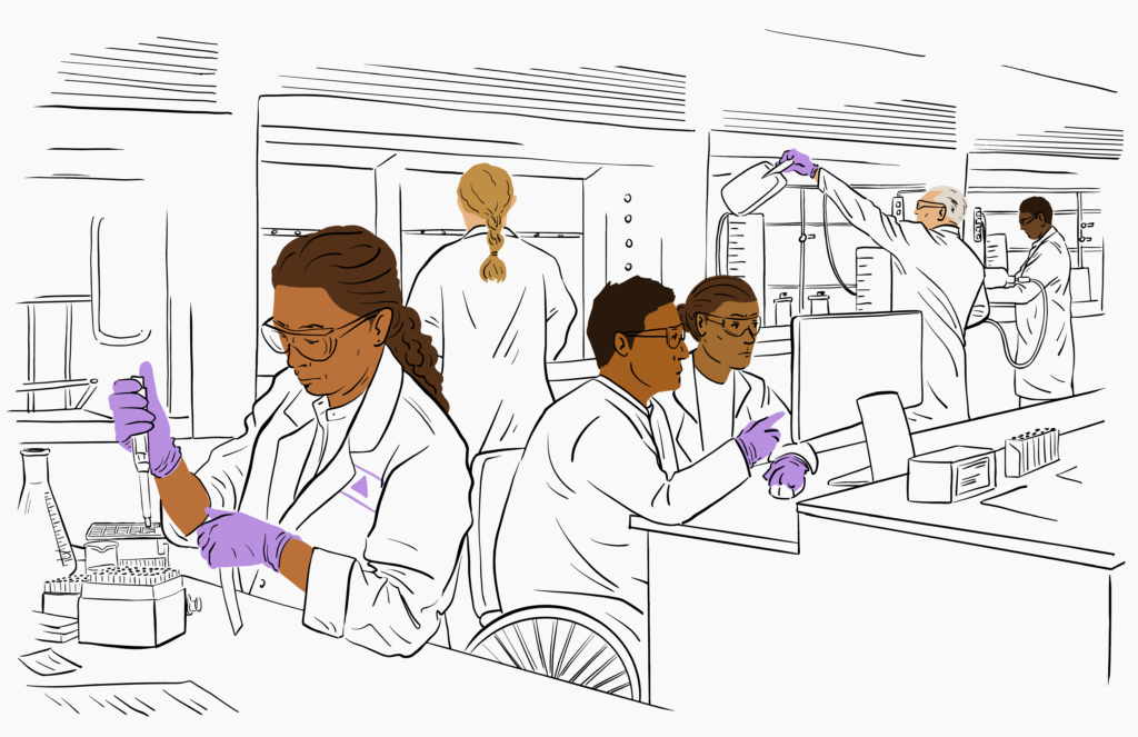 Illustration made of black and white line art with color blocks for skin, hair, and purple gloves. Scientists of a variety of ethnicities, genders, and abilities work in a lab environment.