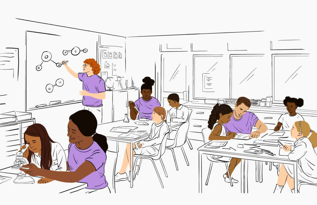 Illustration made of black and white line art with color blocks for skin, hair, and purple t-shirts. Adults of a variety of ethnicities and genders work in a classroom with small students, teaching them how to use a microscope, how to pipette, and reviewing the basic structure of H2O molecules.