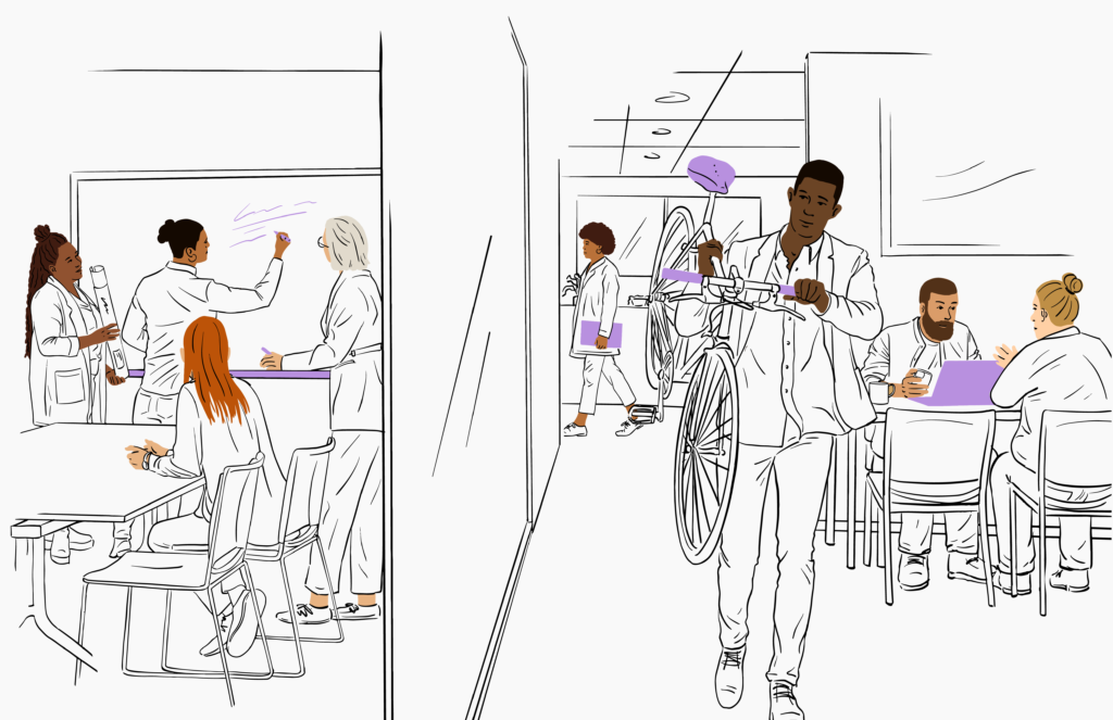 Illustration made of black and white line art with color blocks for skin, hair, and purple laptops, bike handles, and markers. Vertex employees of a variety of ethnicities, genders, and abilities work in an office environment, chatting over coffee, carrying a bike down the hallway, and collaborating at a whiteboard.