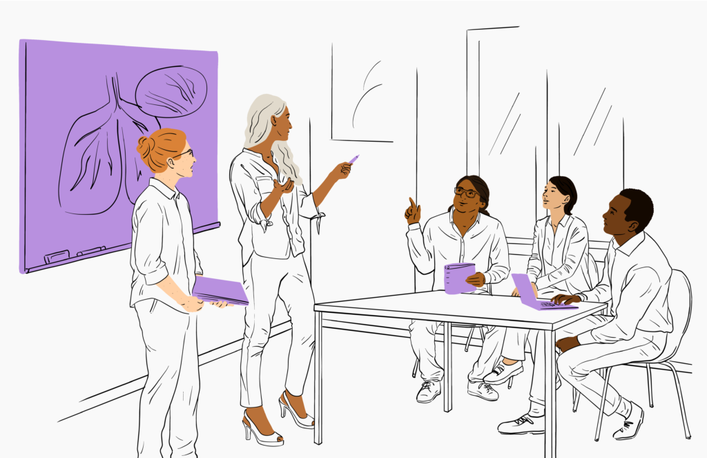 Illustration made of black and white line art with color blocks for skin, hair, and purple laptops, folders, and presentation boards. Vertex employees of a variety of ethnicities and genders attend an interactive presentation in an office setting. The presenter answers questions and speaks with employees.