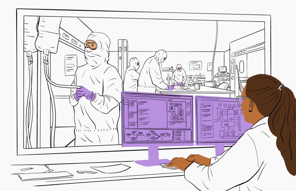 Illustration made of black and white line art with color blocks for skin, hair, and purple gloves and computers. A scientist stationed at a computer analyzes data in front of a window that provides a view of a lab setting, where other scientists work.