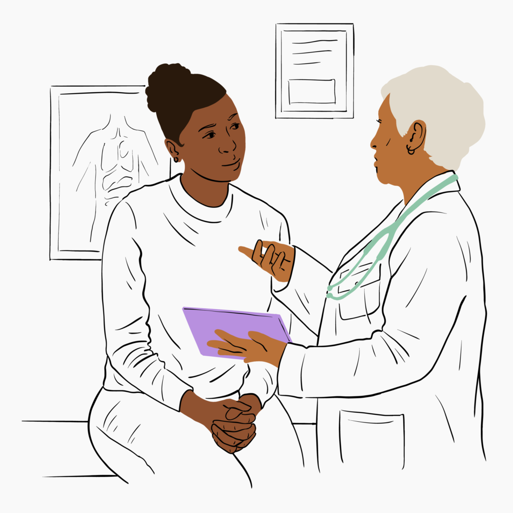 Illustration made of black and white line art with color blocks for skin, hair, a purple tablet, and a teal stethoscope. A doctor speaks to a patient in a medical setting.