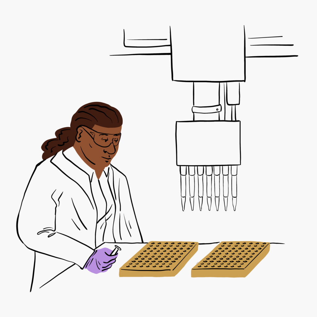 Illustration made of black and white line art with color blocks for skin, hair, purple gloves, and a gold-colored trays. A scientist works in front of a machine.