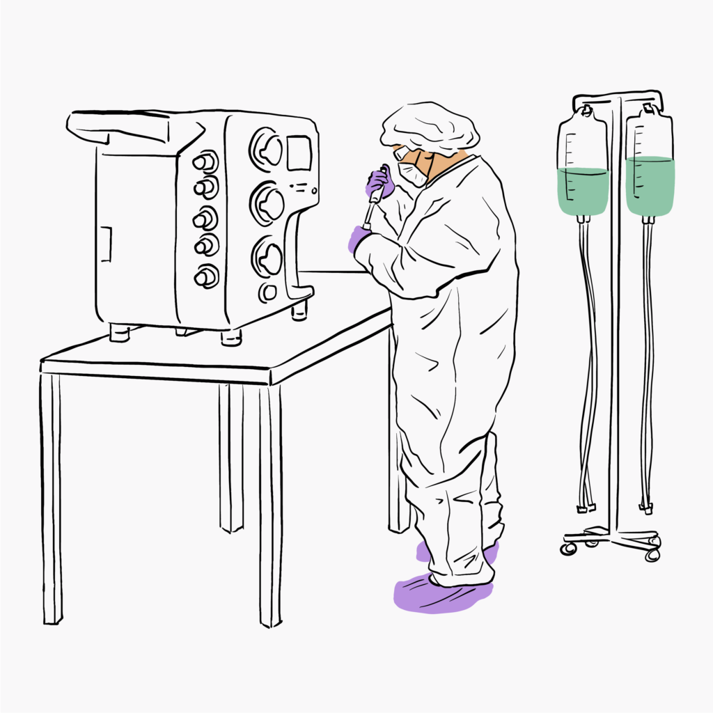 Illustration made of black and white line art with color blocks for skin, hair, purple gloves and booties, and teal liquid in an IV bag. A scientist works in front of a machine, with bags of cellular matter nearby.