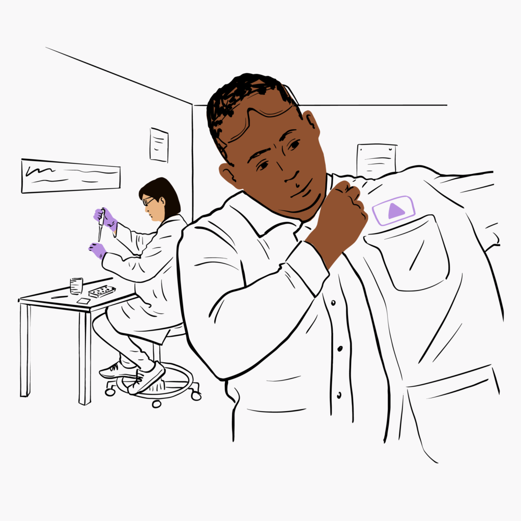 Illustration made of black and white line art with color blocks for skin, hair, and purple gloves. A scientist dons a lab coat while another scientist pipettes in the background.