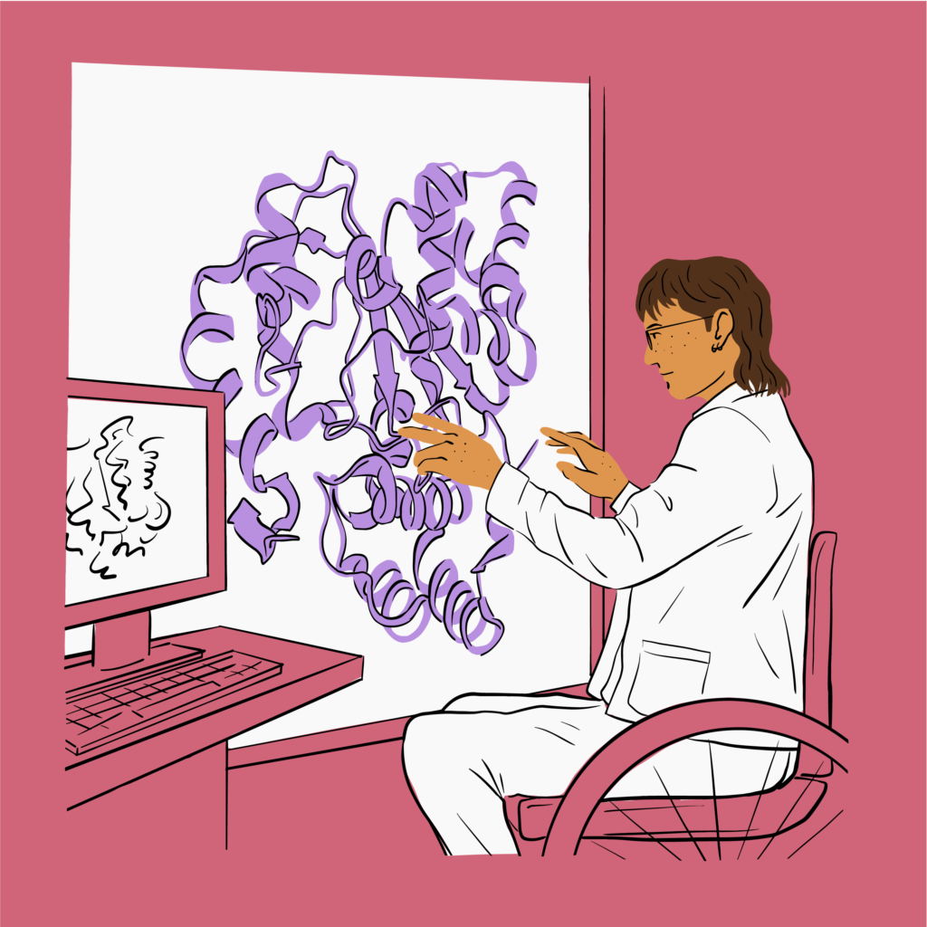 Illustration made of black line art on a pink background with color blocks for skin, hair, and purple cellular structures. A scientist rotates a 3D cellular structure on a large display screen.