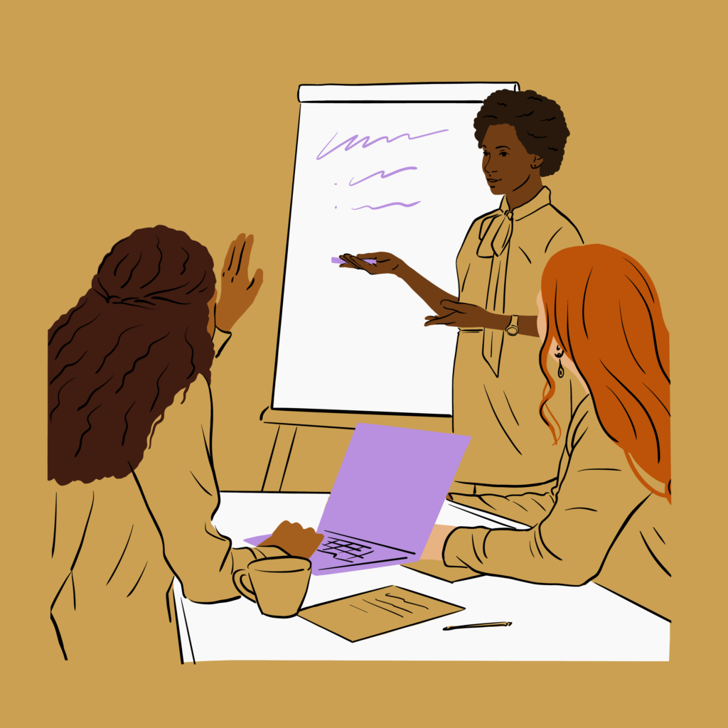 Illustration made of black line art on a gold background with color blocks for skin, hair, and a purple computer. Three scientists of varying ethnicities gather for a small presentation.