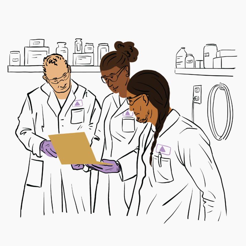 Illustration made of black and white line art with color blocks for skin, hair, purple gloves, and a gold-colored computer. Three scientists of a variety of ethnicities, genders, and ages gather around a laptop in a lab setting.