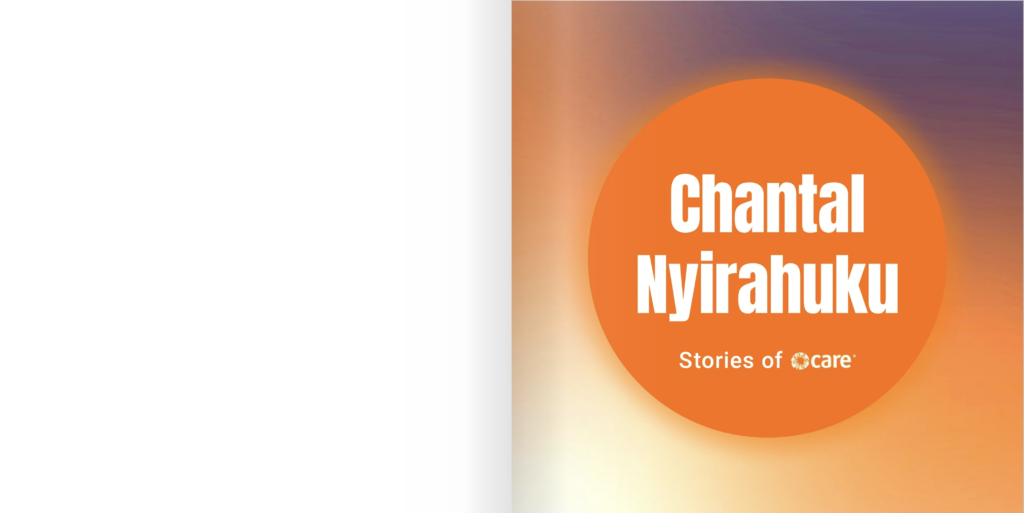 Two-page spread containing a white page next to a page with an orange circle on a purple and orange gradient background. White text inside the circle reads, "Chantal Nyirahuku / Stories of CARE"