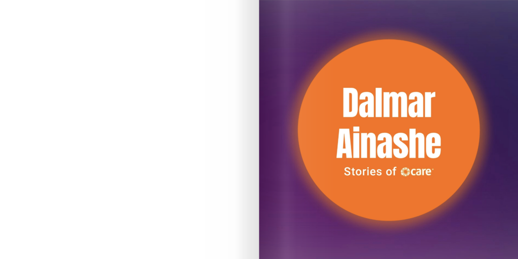 Two-page spread containing a white page next to a page with an orange circle on a blue and purple gradient background. White text inside the circle reads, "Dalmar Ainashe / Stories of CARE"