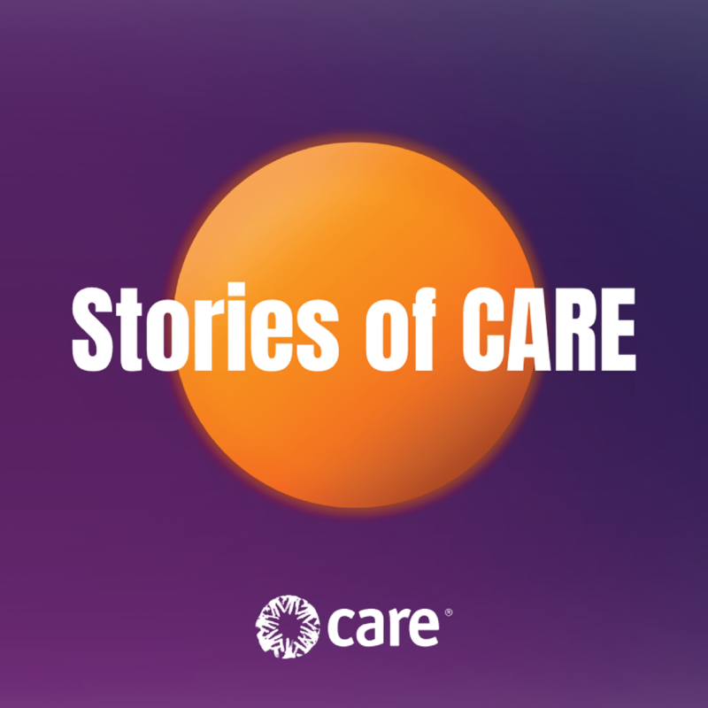 Square image of an orange circle over a dark purple background. White text inside the circle reads, "Stories of CARE". Below the circle is the CARE logo.