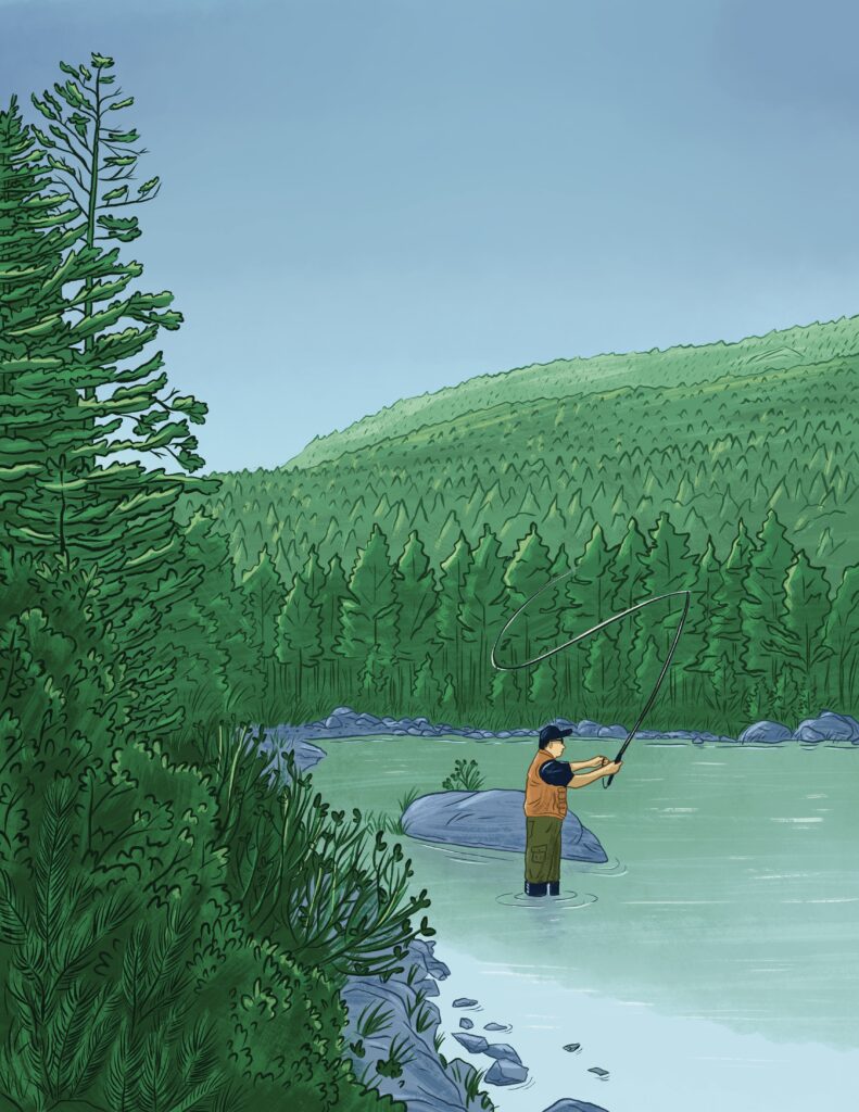 Digital illustration of an angler fishing in a pond surrounded by pine trees. The pond depicted is Black Mountain Pond in the Sandwich Wilderness Area of New Hampshire.