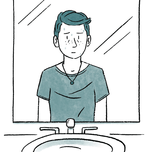Comic-version of teen Al looks in the mirror with a worn-down expression.